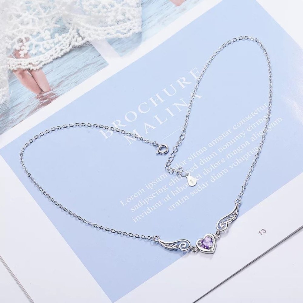 14k Gold Amethyst Angel Wing Heart Sterling Silver Bracelet/Anklet - Picture 5 of 10